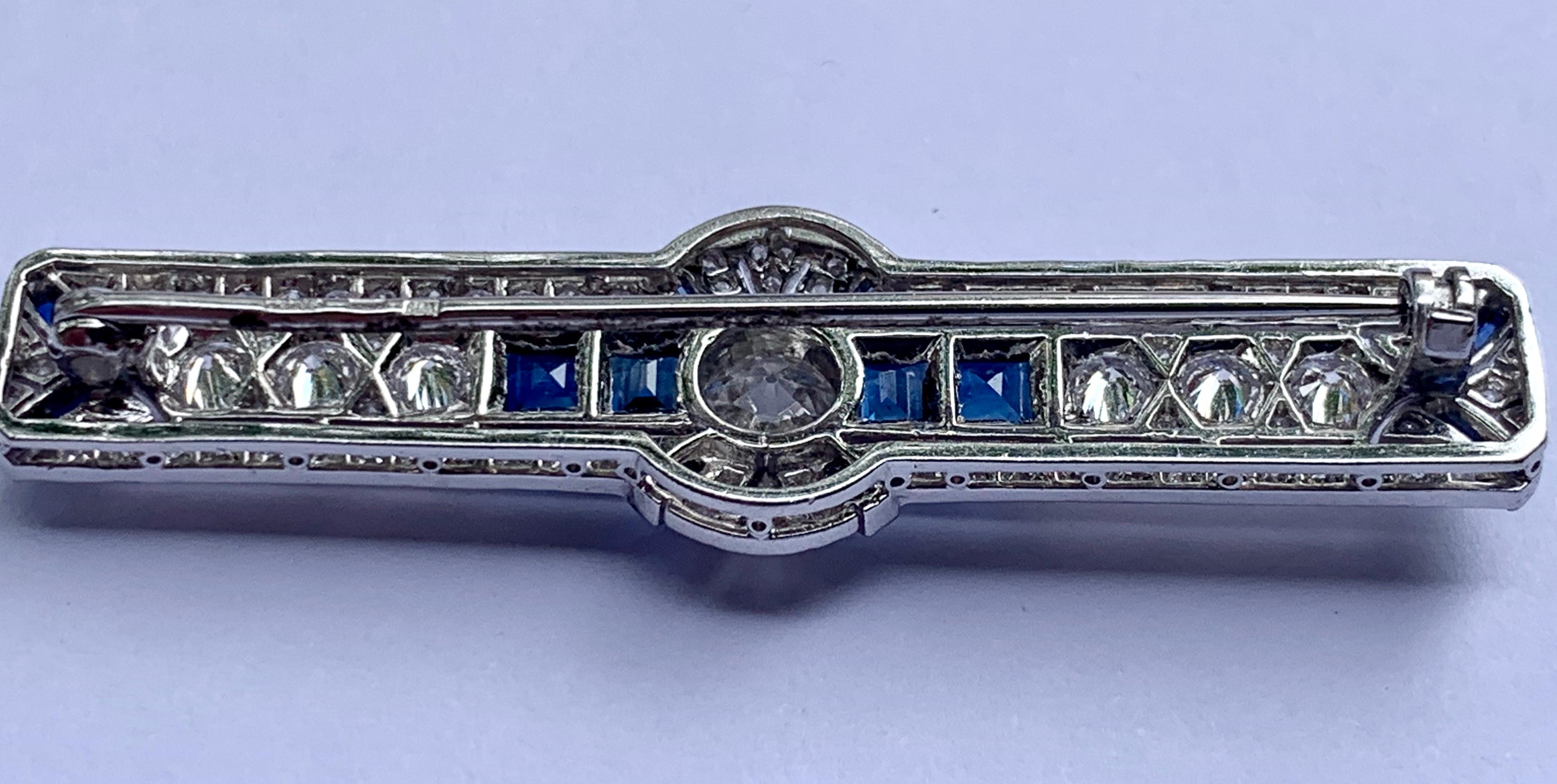 Women's Art Deco Sapphire and Diamond Bar Pin Platinum For Sale