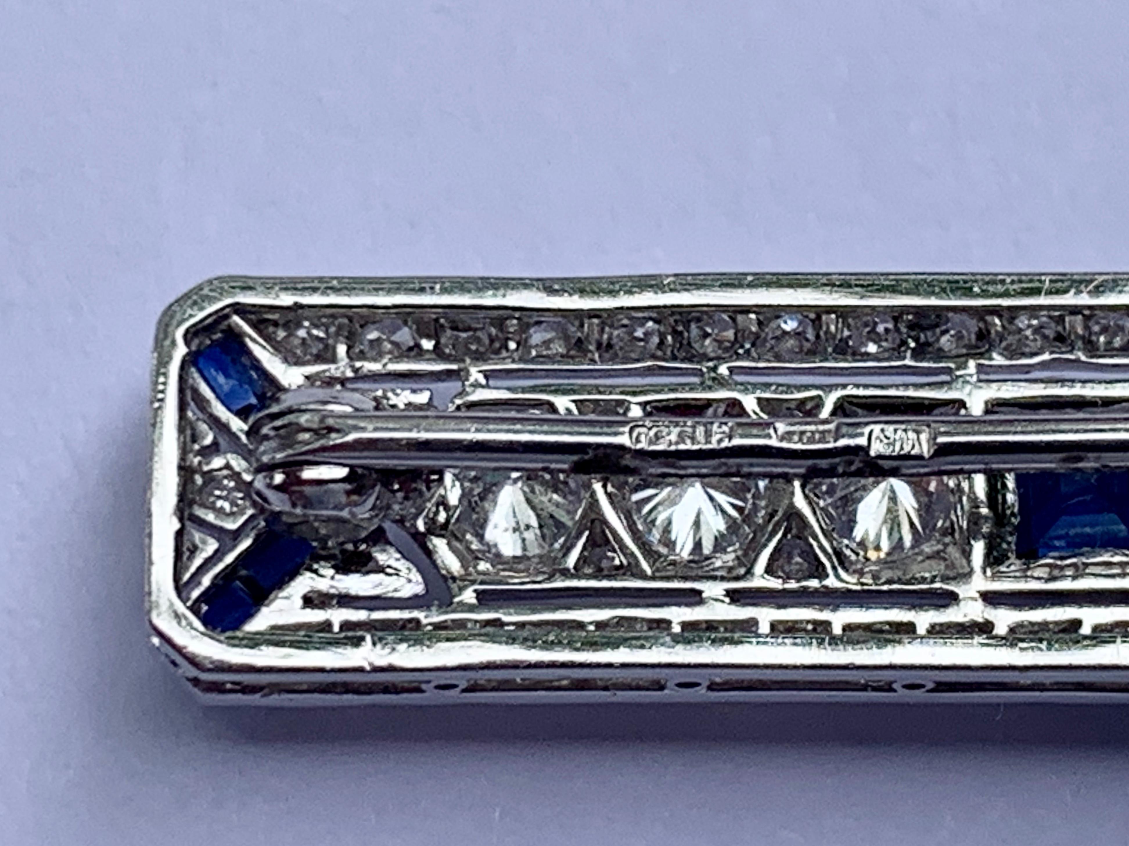 Art Deco Sapphire and Diamond Bar Pin Platinum For Sale 1