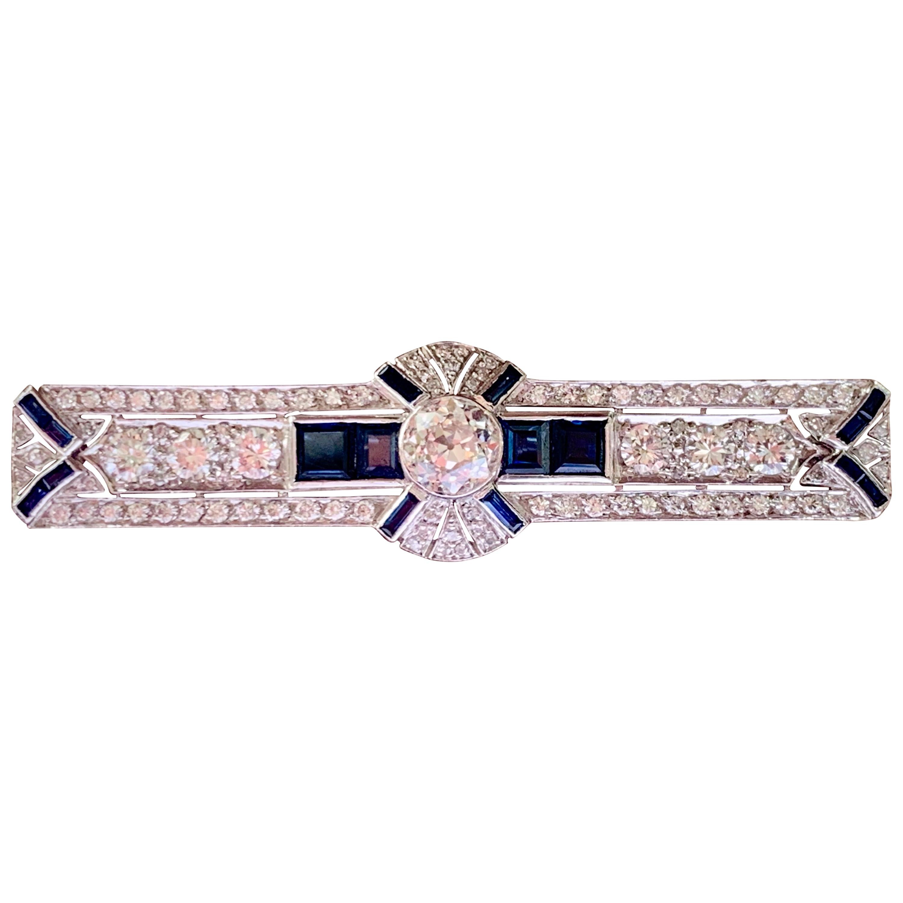 Art Deco Sapphire and Diamond Bar Pin Platinum For Sale