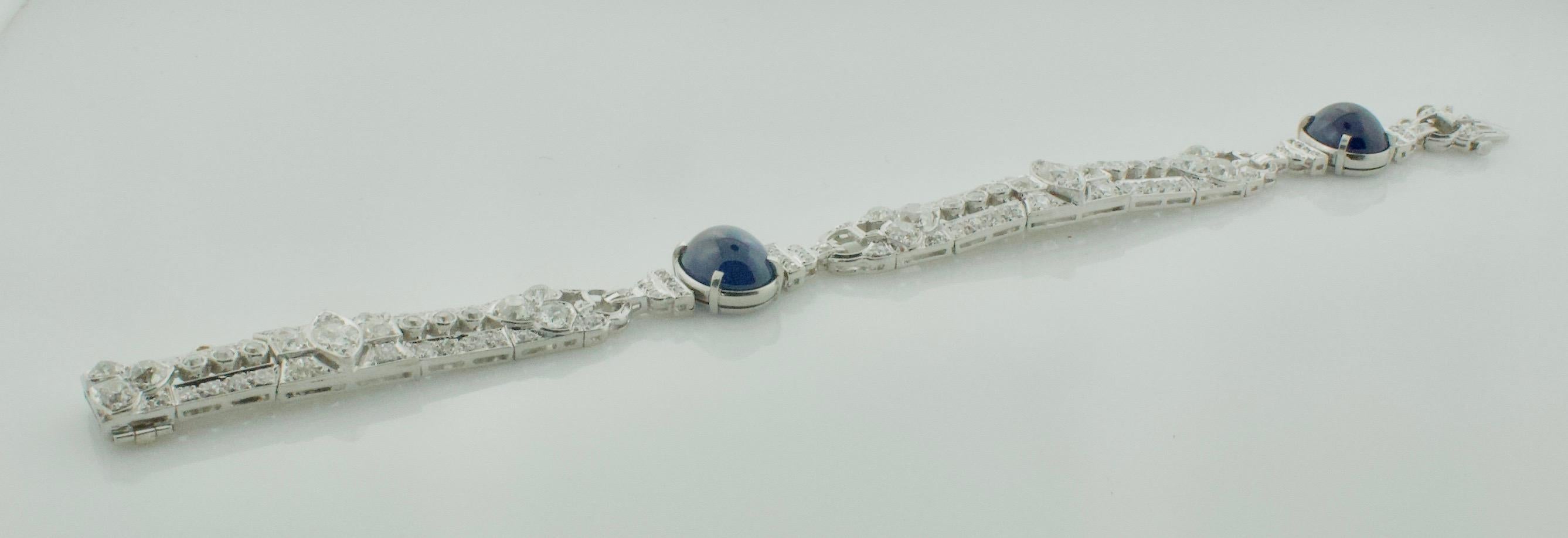 Art Deco Sapphire and Diamond Bracelet Adler & Co. Circa 1920's 18.85 Carats
Set in Platinum
Submitted For Your Approval 
From Adler & Company of New Orleans 
Two Cabochon Sapphires weighing 11.50 Carats approximately [bright with no imperfections
