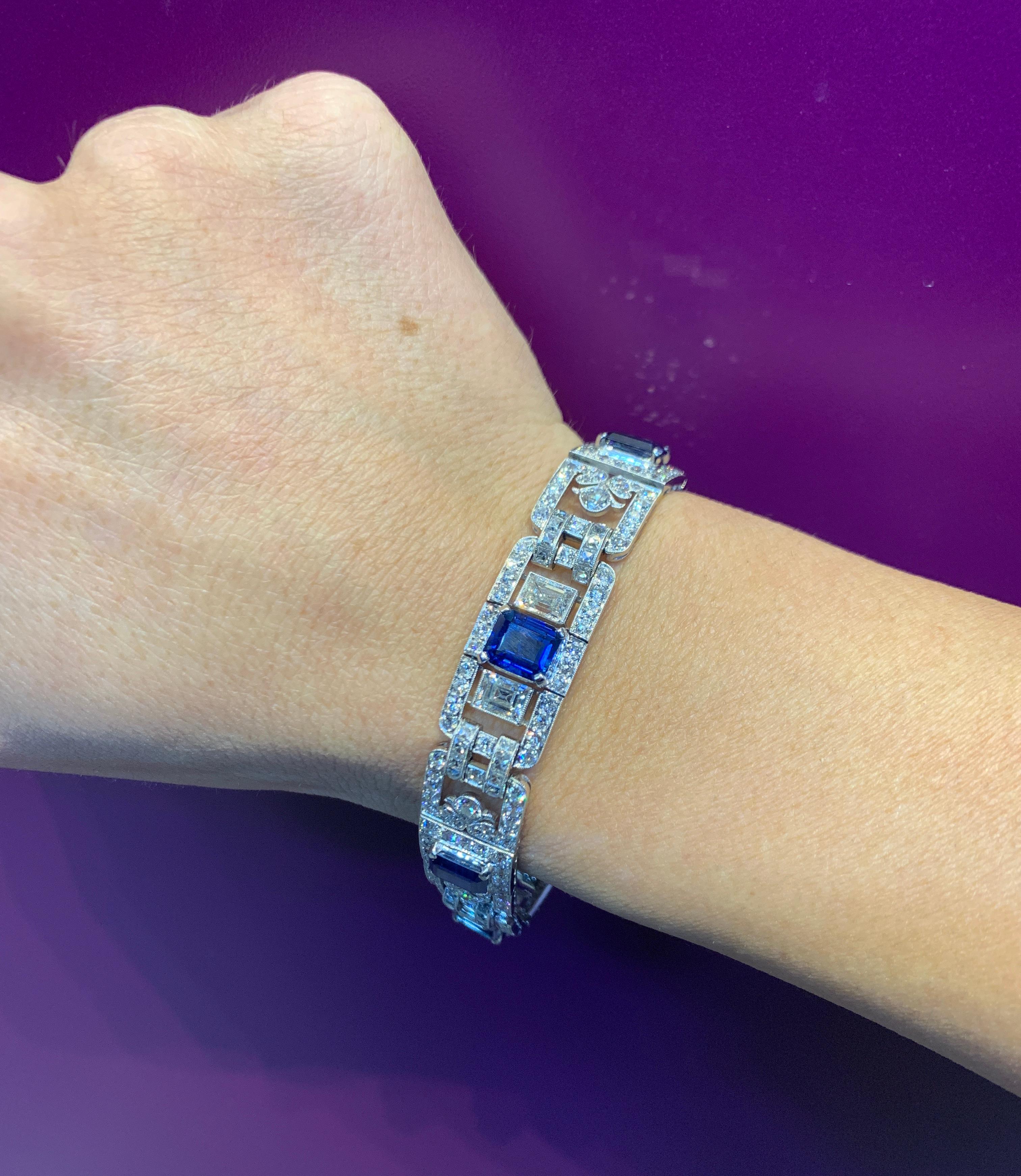 Art Deco Sapphire and Diamond Bracelet by Tiffany and Co
With a AGL Certificate stating five of the sapphires and Burmese with no heat treatment
Very Great Gatsby Style
Made Circa 1920
Measurements: 7