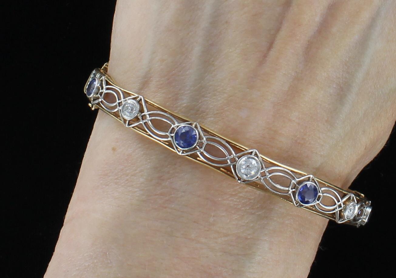 Women's Art Deco Sapphire and Diamond Bracelet in Yellow Gold and Platinum For Sale