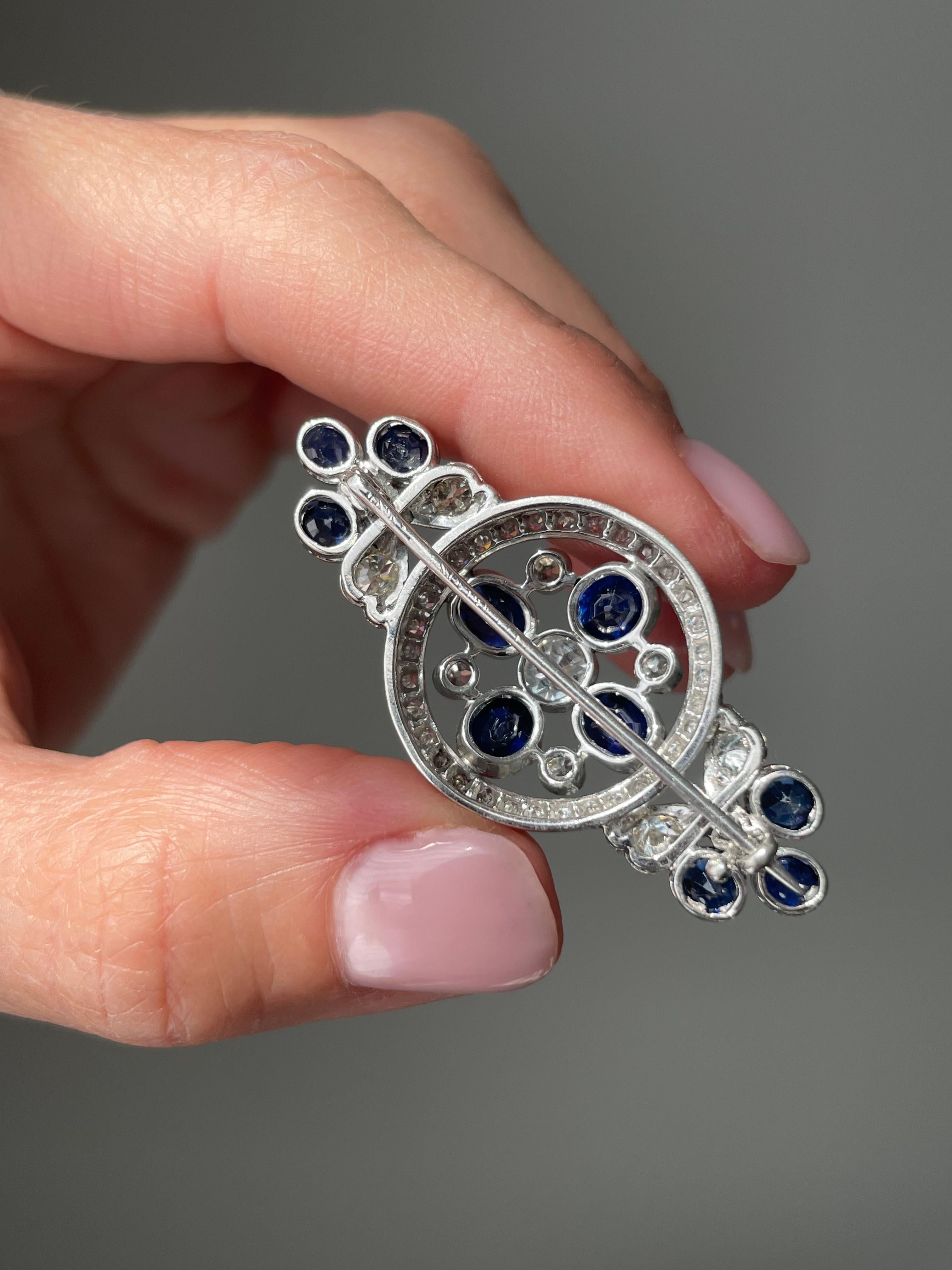 Art Deco Sapphire and Diamond Brooch, Burma No Heat In Good Condition For Sale In Hummelstown, PA