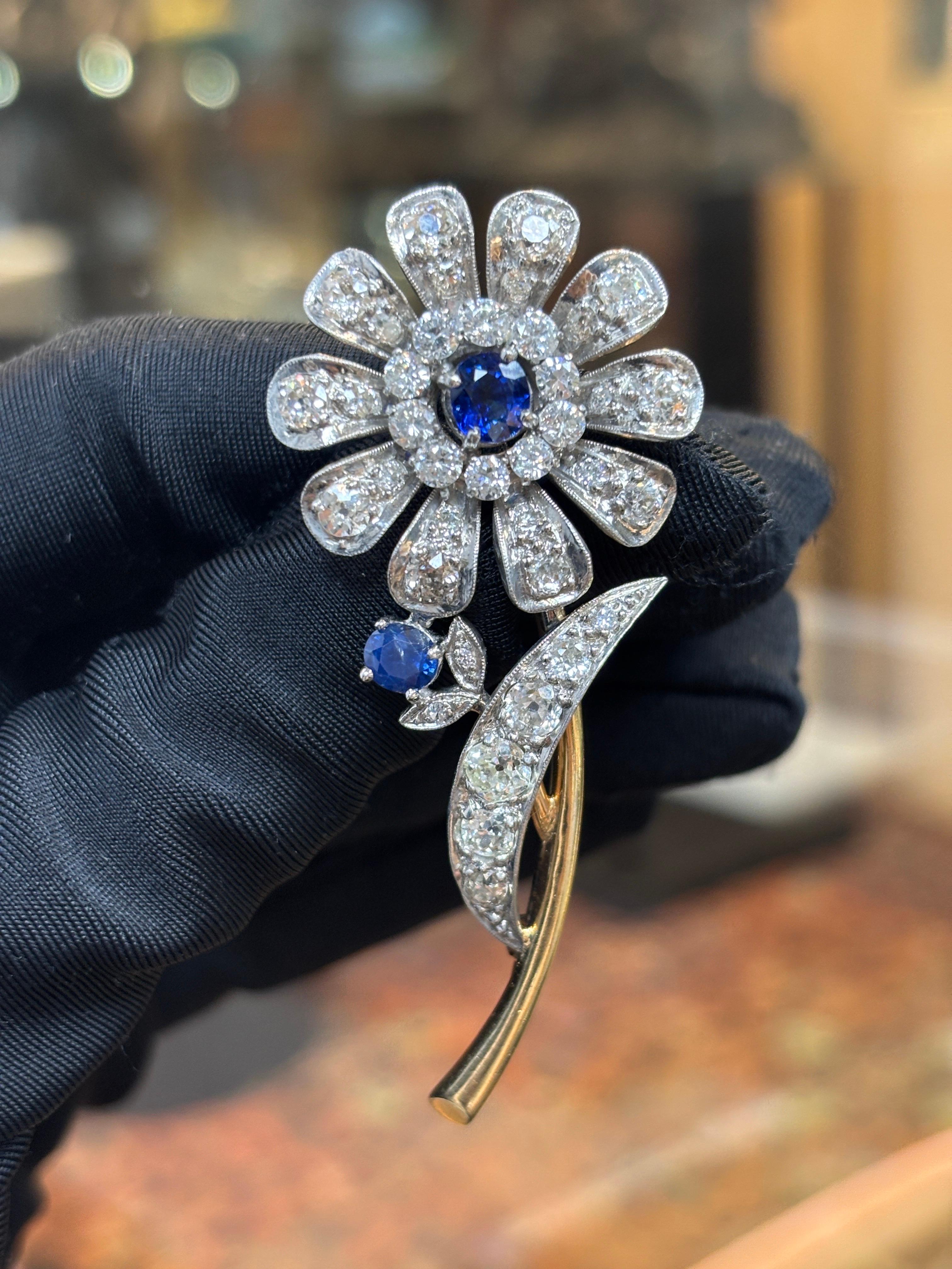 Broche Art déco en saphir et diamants

Broche à motif floral sertie de diamants et de saphirs de taille ancienne. 

Poids approximatif des diamants : 4 carats
Hauteur approximative :  2.25 pouces
Type de métal : Or 14 carats