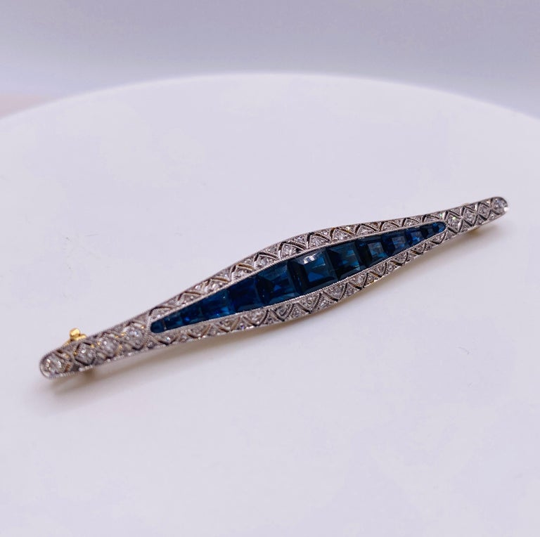 Square Cut Art Deco Sapphire and Diamond Brooch Pin For Sale