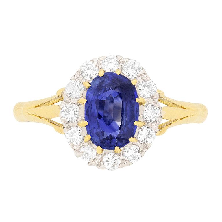 Art Deco Sapphire and Diamond Cluster Engagement Ring, circa 1930s