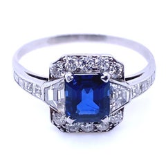 Art Deco Sapphire and Diamond Cluster Platinum Engagement Ring