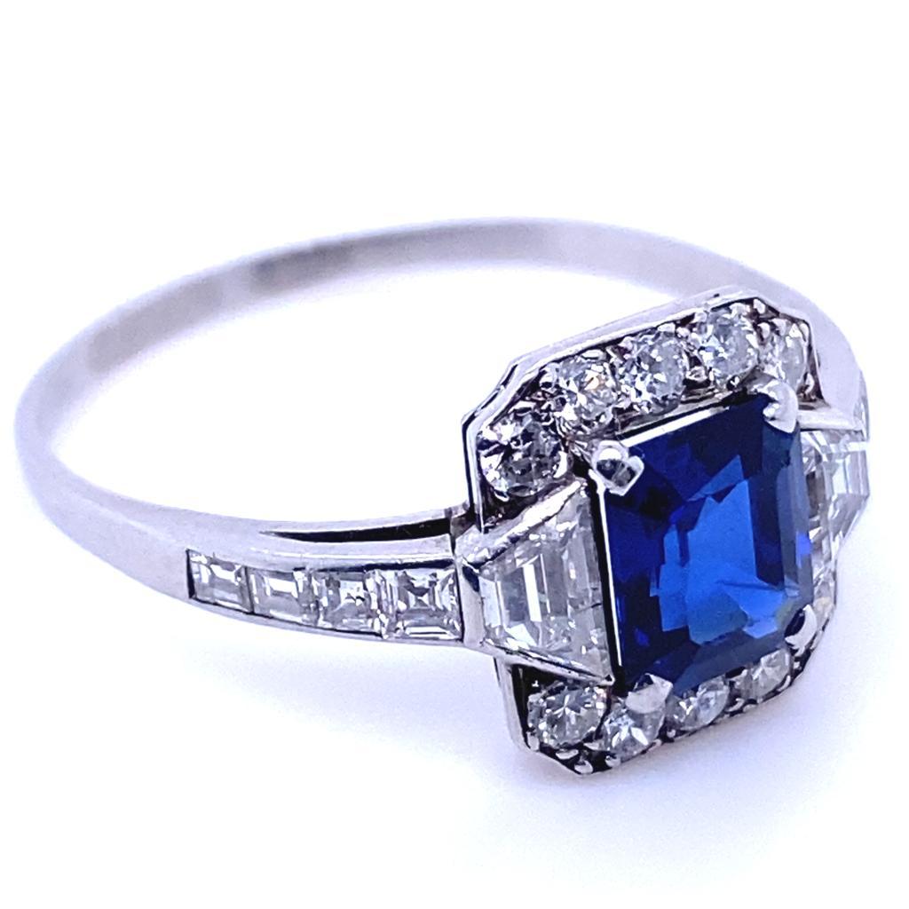 Retro Art Deco Sapphire and Diamond Cluster Platinum Engagement Ring For Sale