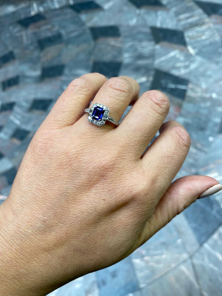 Art Deco Sapphire and Diamond Cluster Platinum Engagement Ring For Sale 2