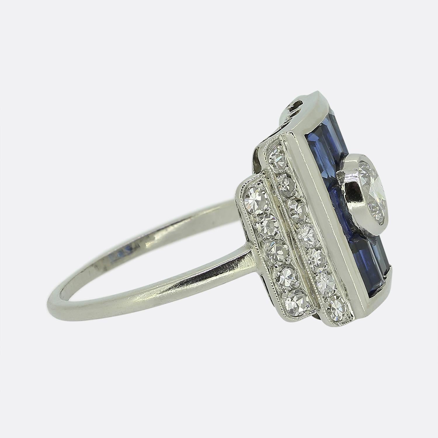 Old European Cut Art Deco Sapphire and Diamond Cluster Ring For Sale