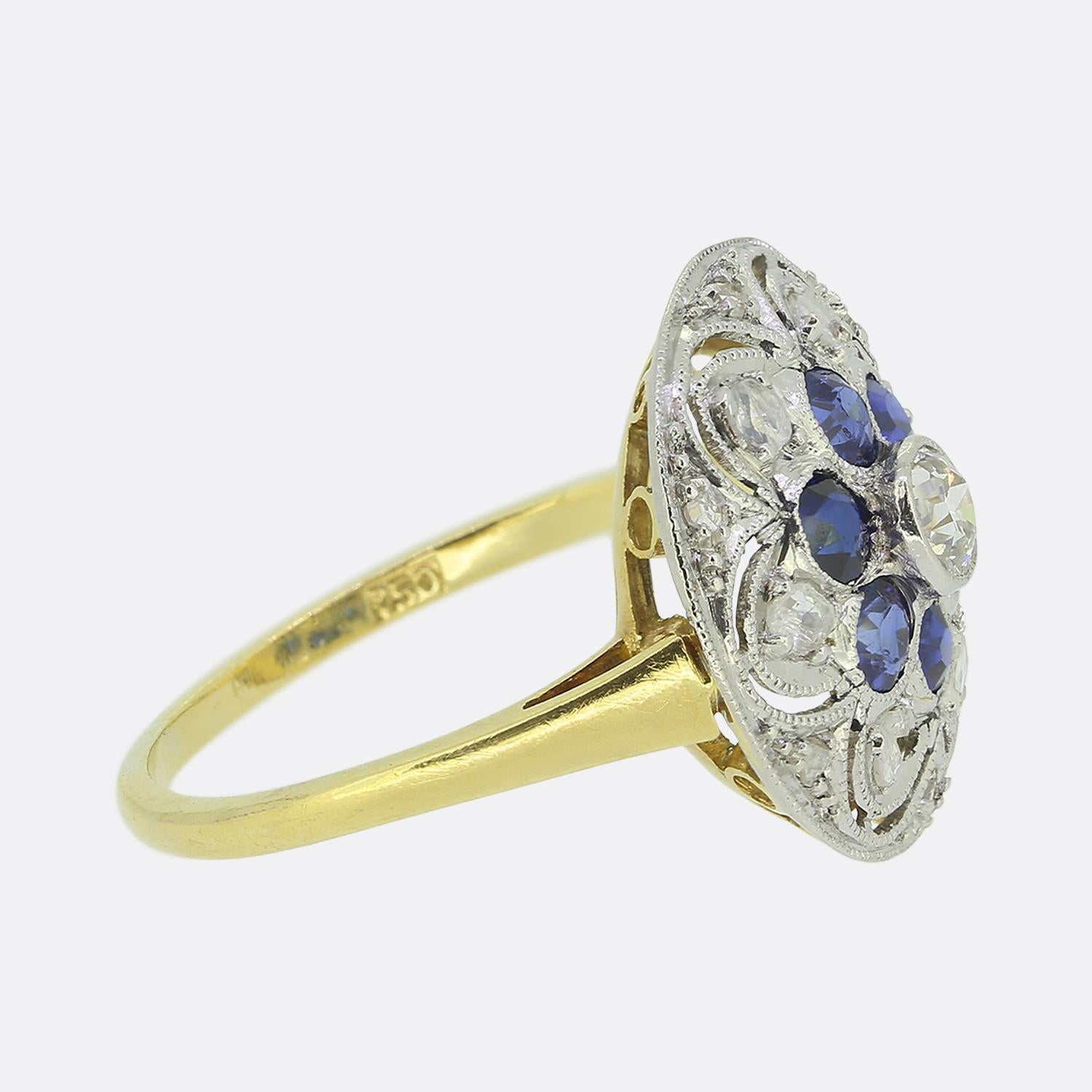 Old Mine Cut Art Deco Sapphire and Diamond Cluster Ring For Sale