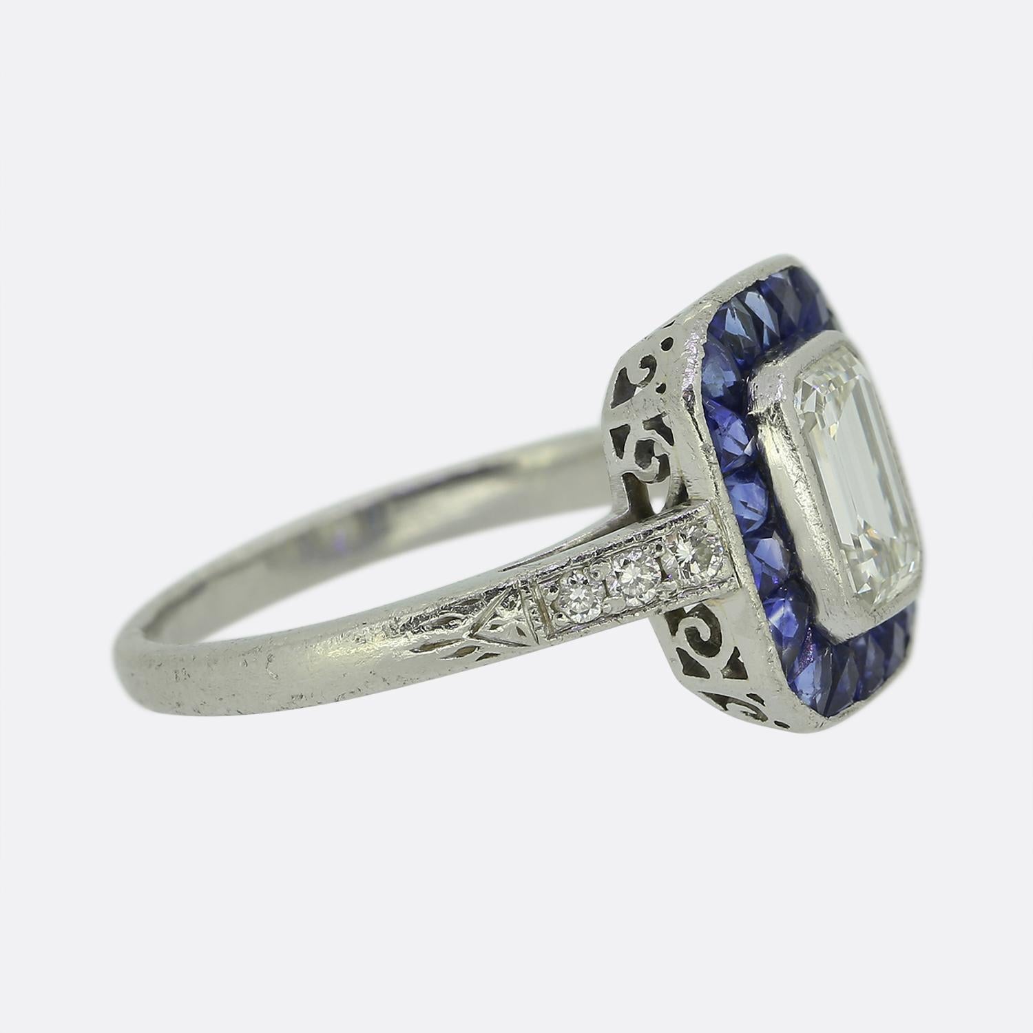 Emerald Cut Art Deco Sapphire and Diamond Cluster Ring For Sale