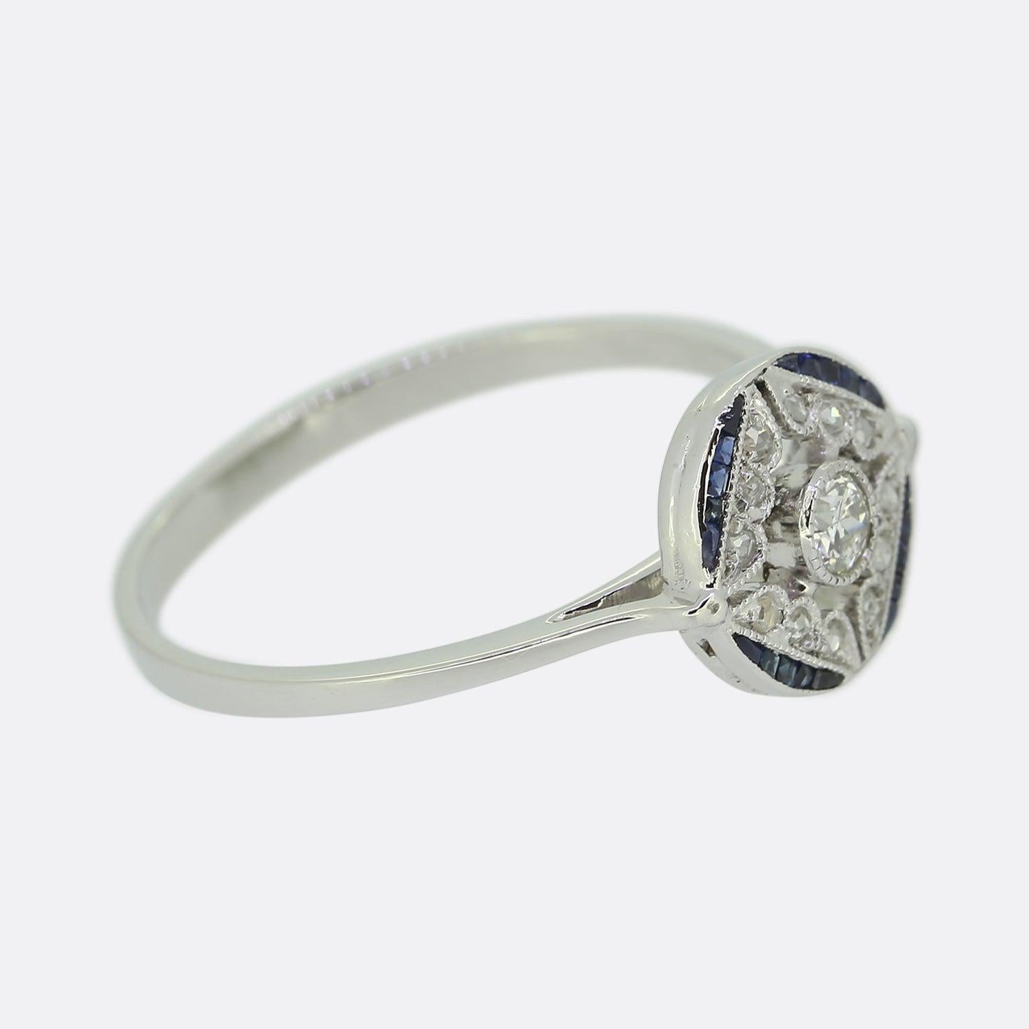 Brilliant Cut Art Deco Sapphire and Diamond Cluster Ring For Sale
