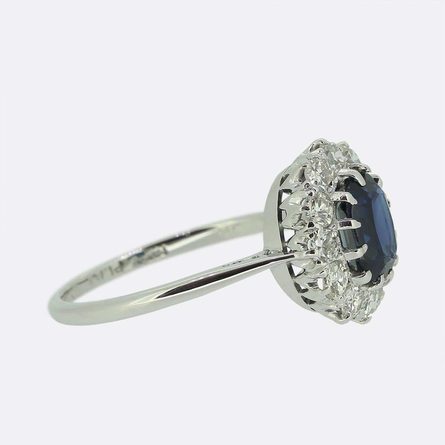Antique Cushion Cut Art Deco Sapphire and Diamond Cluster Ring For Sale