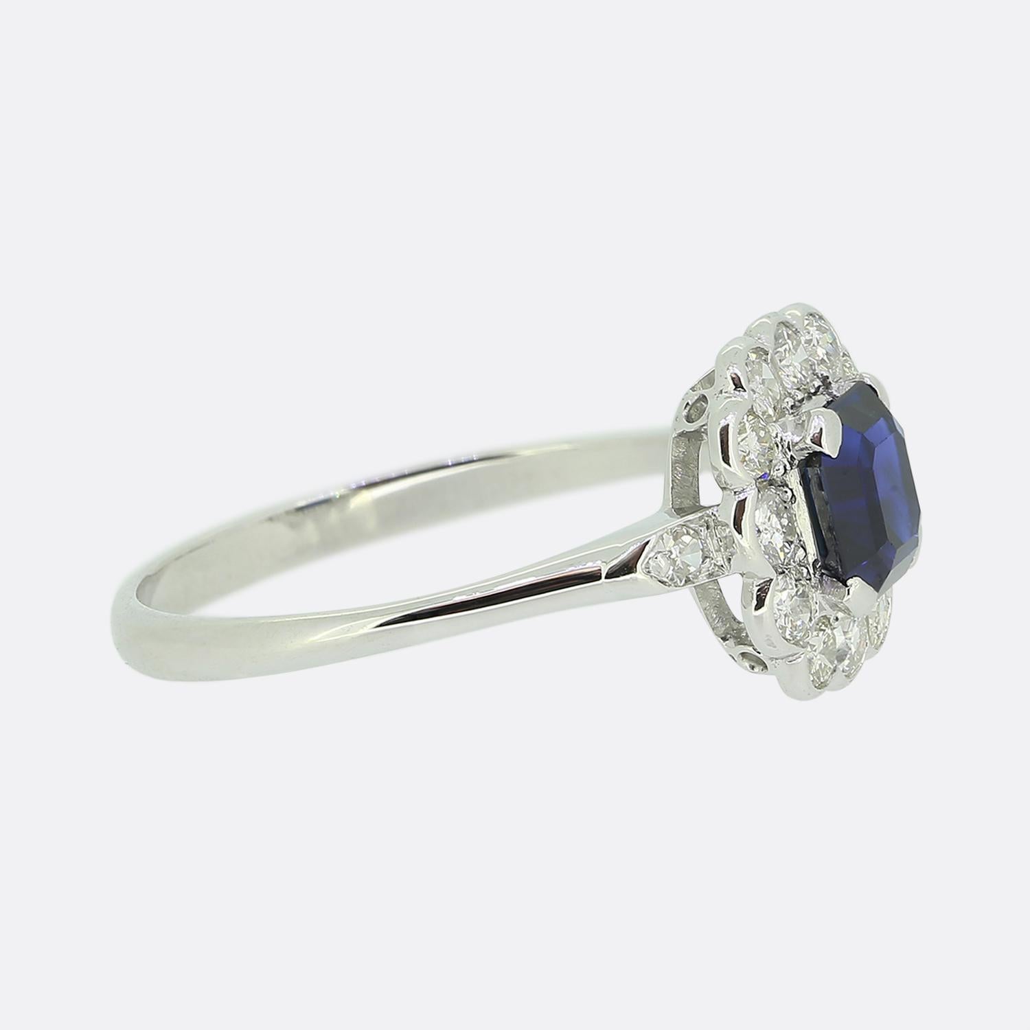 Emerald Cut Art Deco Sapphire and Diamond Cluster Ring