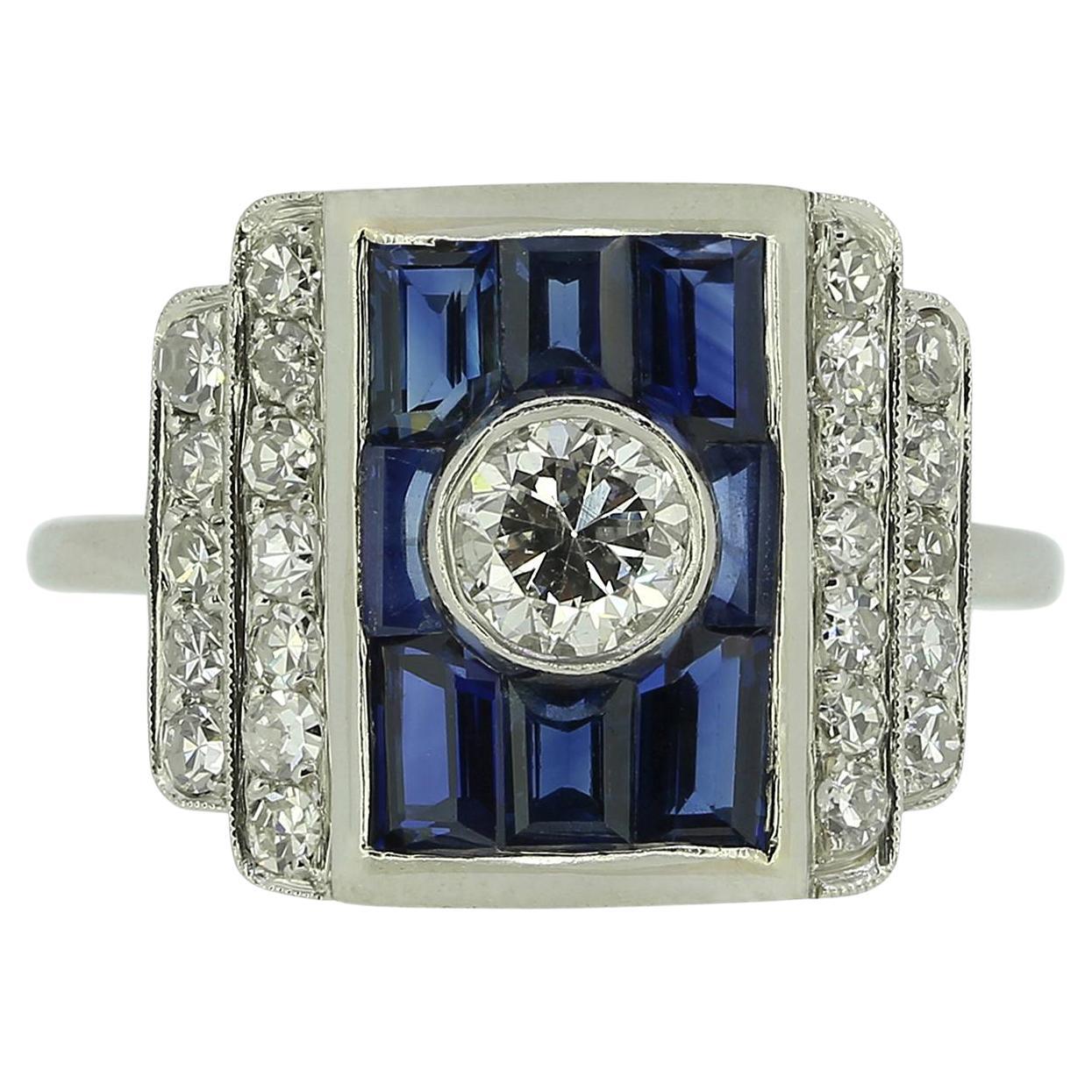 Art Deco Sapphire and Diamond Cluster Ring For Sale