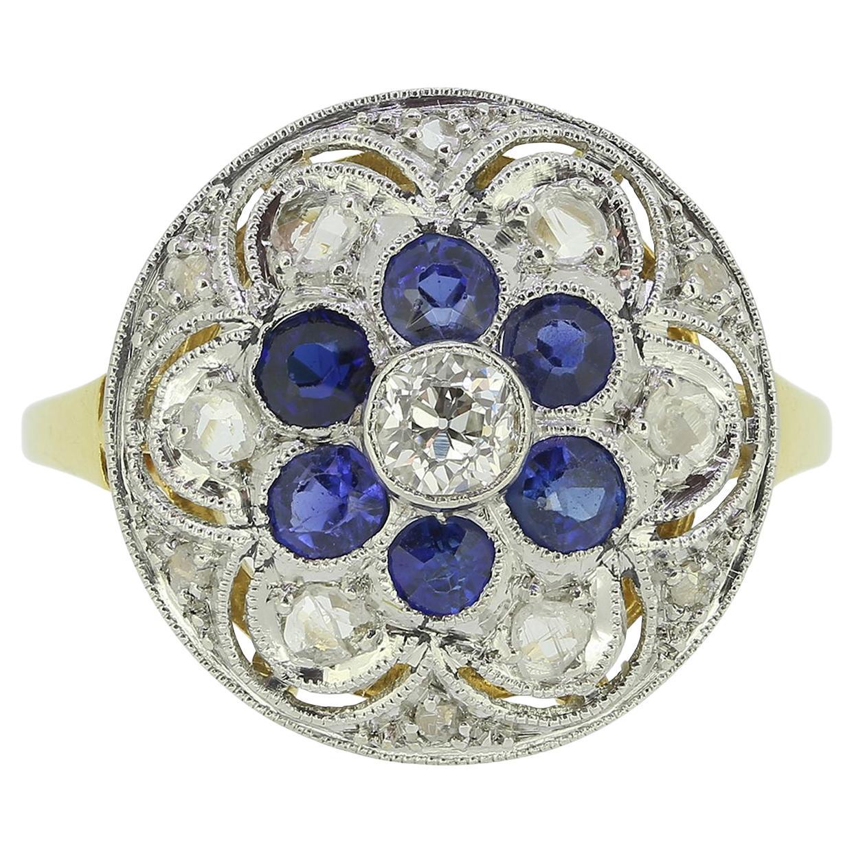 Art Deco Sapphire and Diamond Cluster Ring For Sale