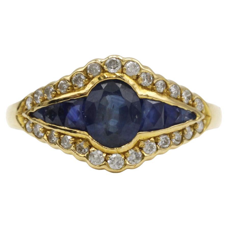 Art Deco Sapphire and Diamond Cocktail Ring in 18K Yellow Gold