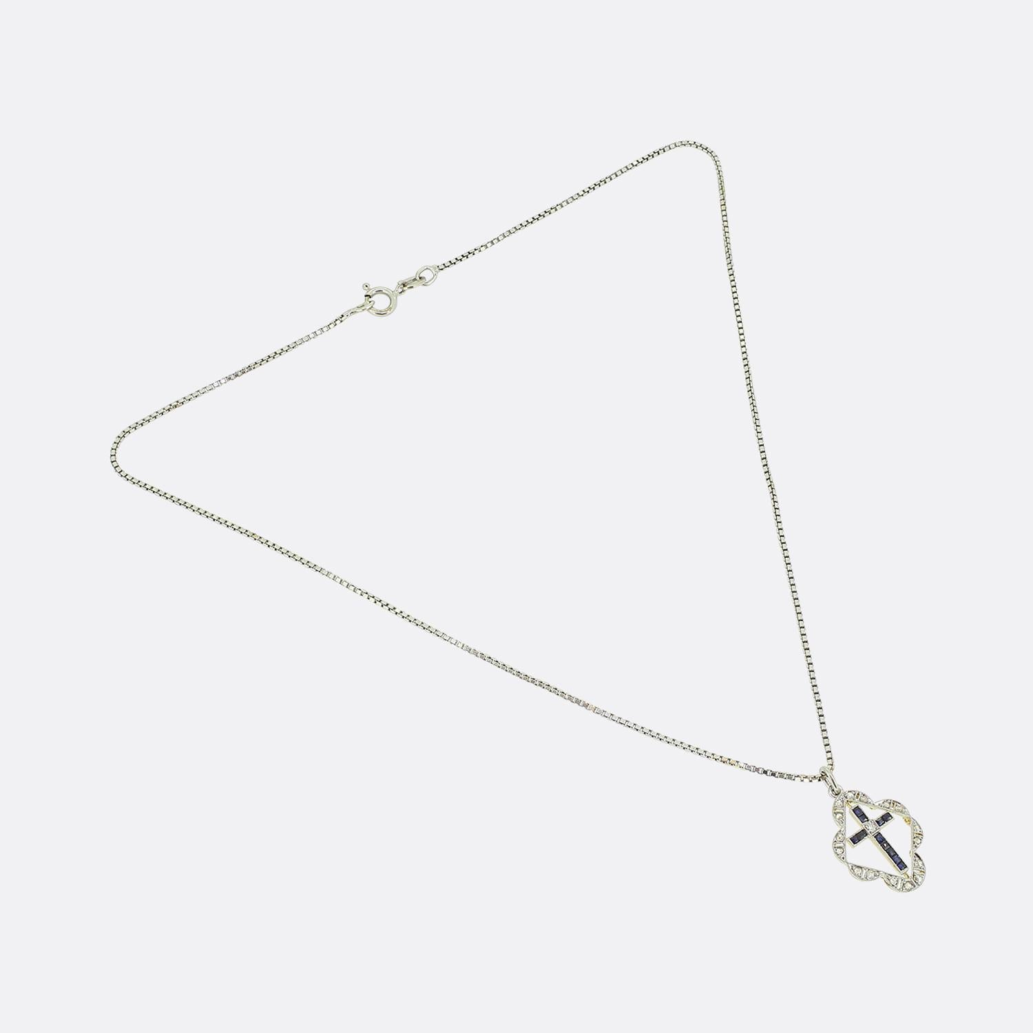Square Cut Art Deco Sapphire and Diamond Cross Pendant Necklace For Sale
