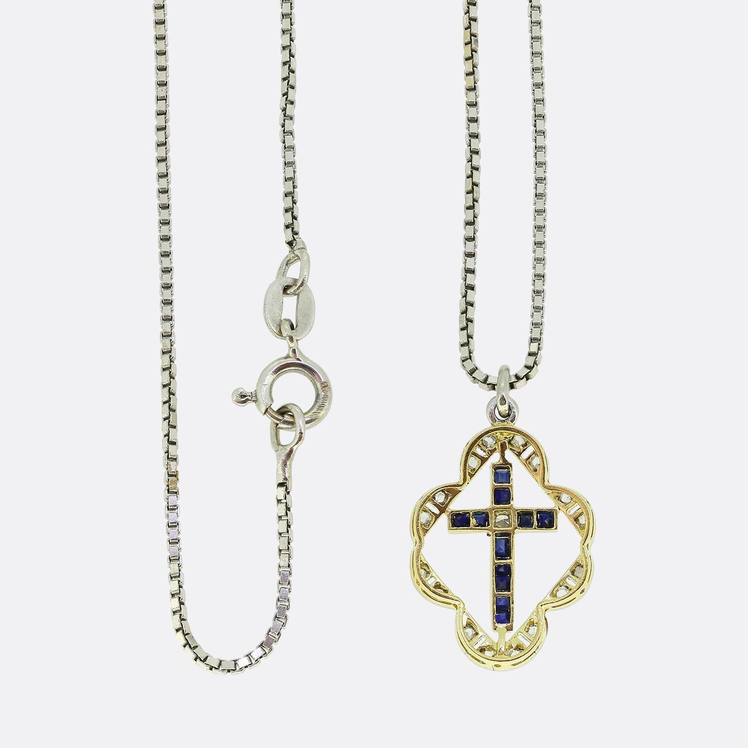 Art Deco Sapphire and Diamond Cross Pendant Necklace In Good Condition For Sale In London, GB