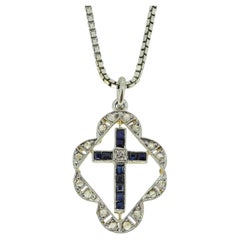 Antique Art Deco Sapphire and Diamond Cross Pendant Necklace