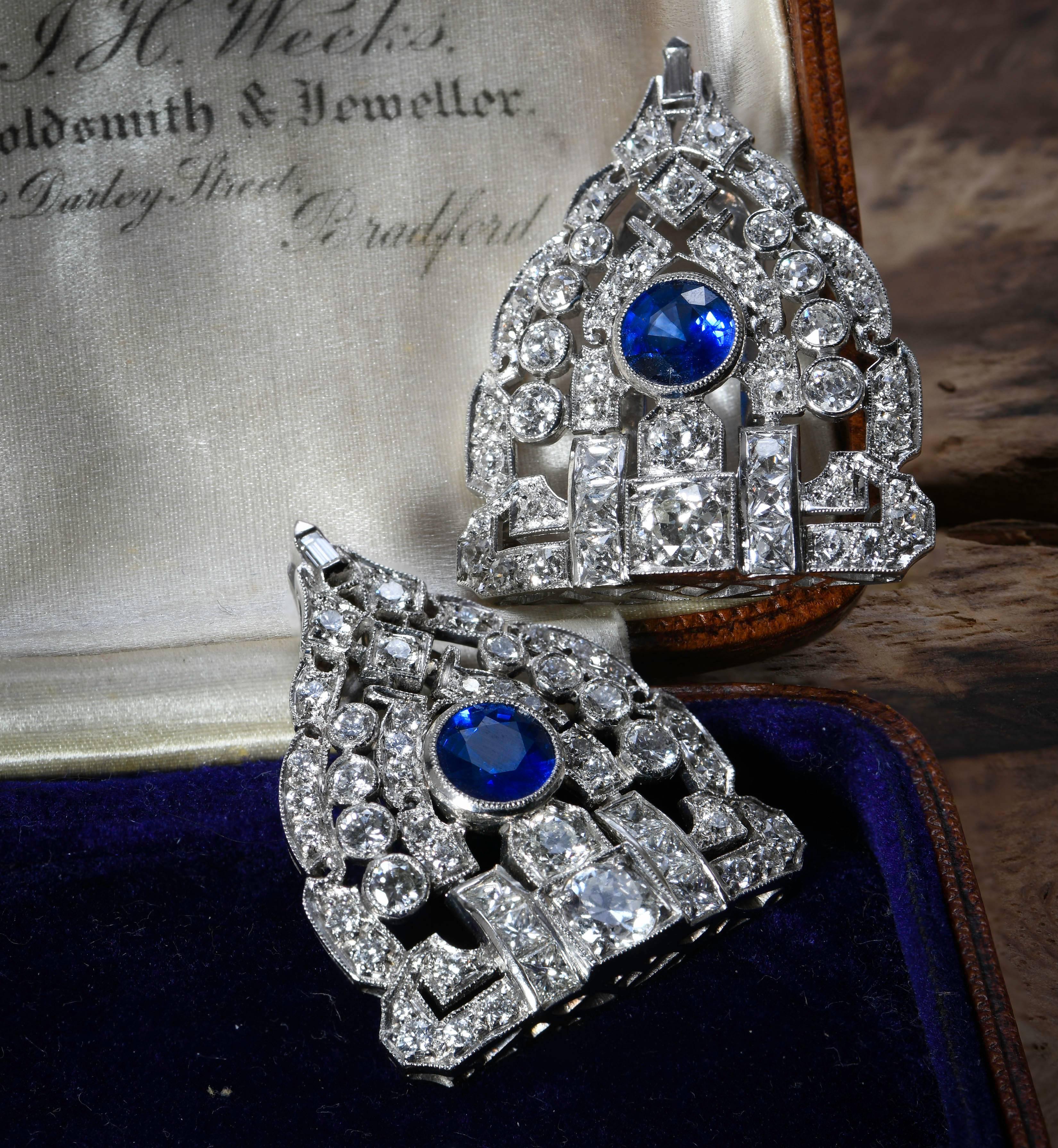 Art Deco Sapphire and Diamond Double Clips In Excellent Condition In Banbury, GB