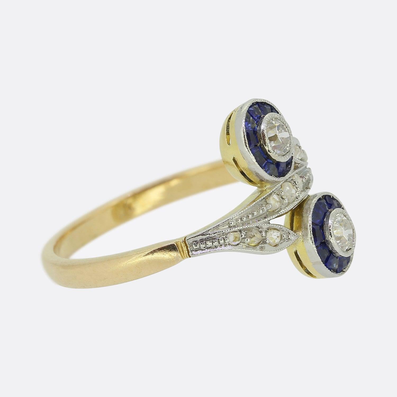 Rose Cut Art Deco Sapphire and Diamond Double Target Ring For Sale