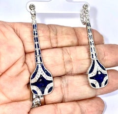 Art Deco Platinum Sapphire and Diamond Drop Earrings, 3.80ct Sapphires