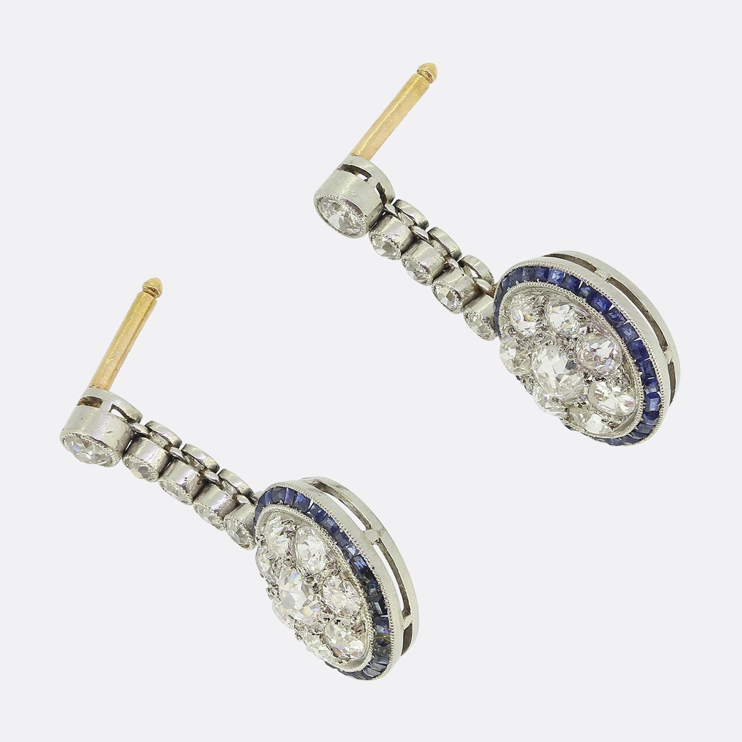 Old Mine Cut Art Deco Sapphire and Diamond Drop Earrings For Sale