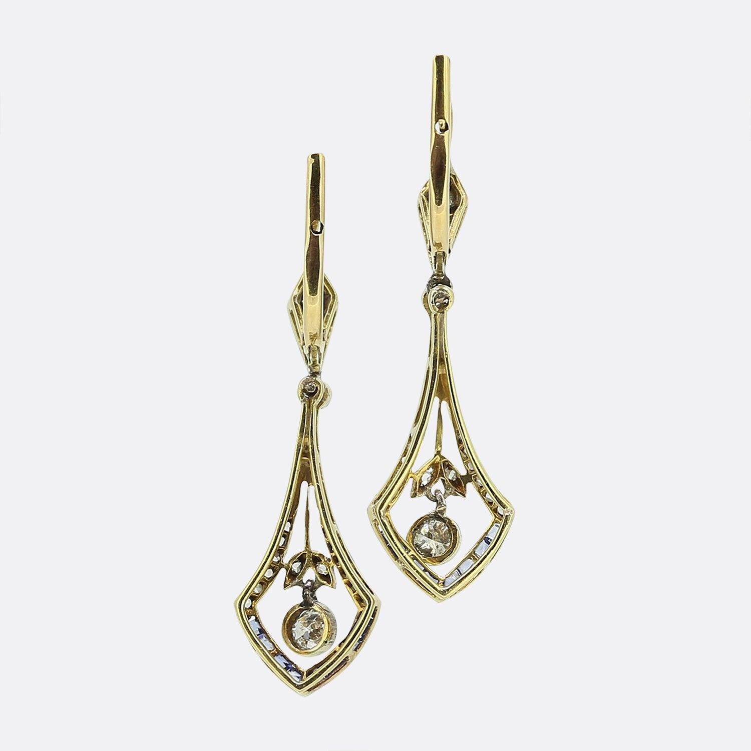 Round Cut Art Deco Sapphire and Diamond Drop Earrings