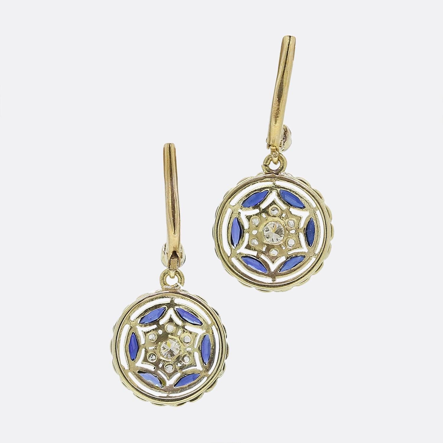 Marquise Cut Art Deco Sapphire and Diamond Drop Earrings For Sale