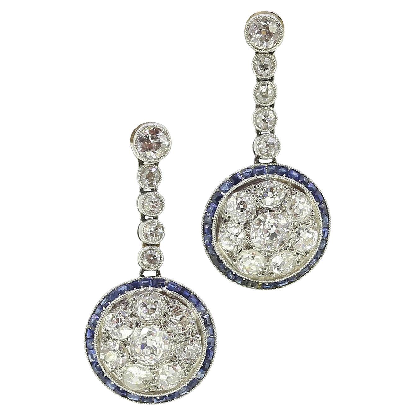 Art Deco Sapphire and Diamond Drop Earrings For Sale