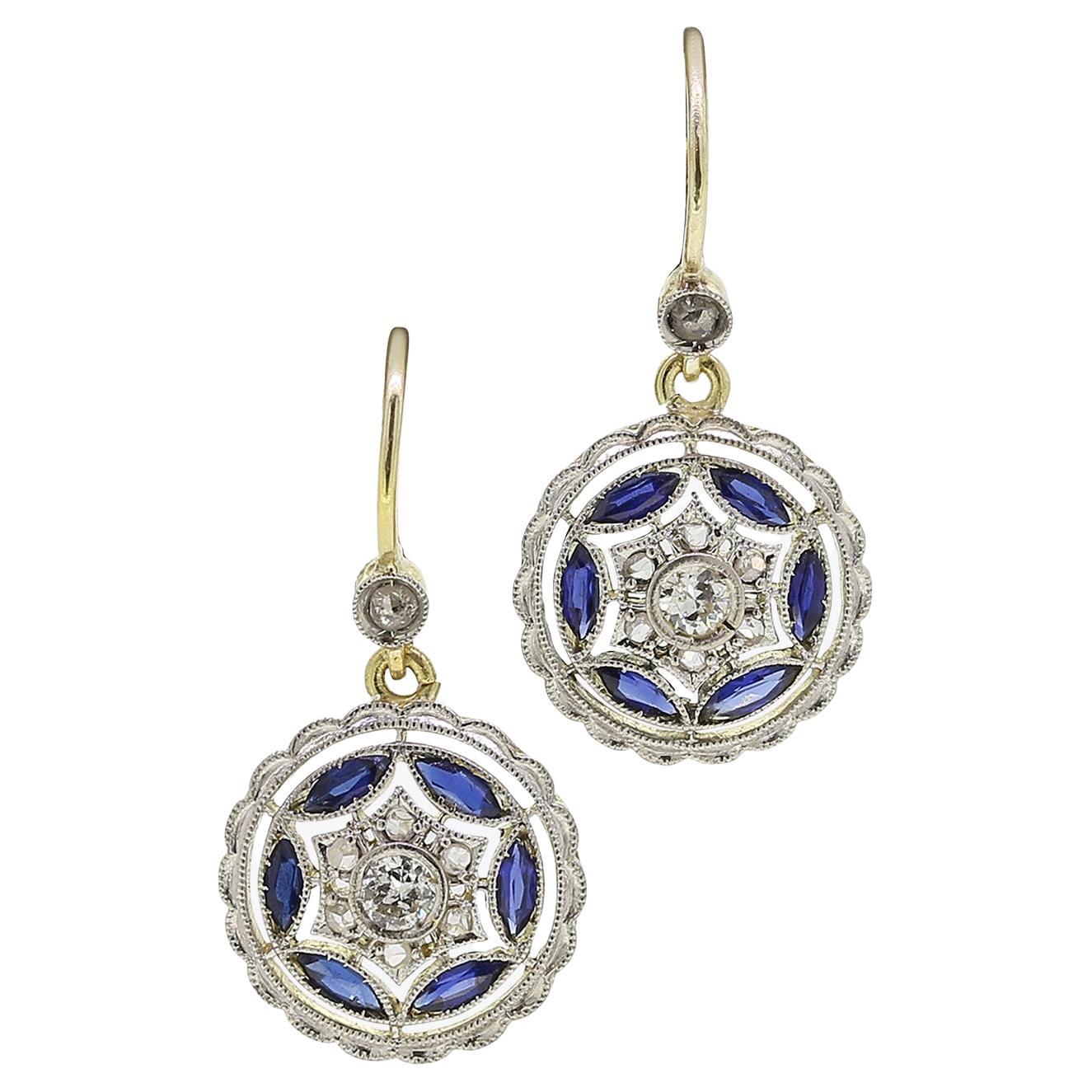 Art Deco Sapphire and Diamond Drop Earrings For Sale