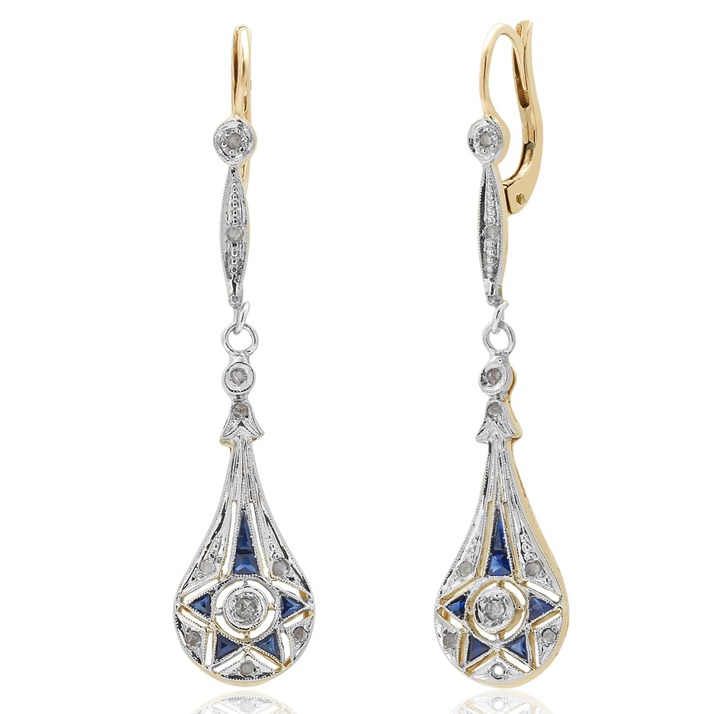 Baguette Cut Art Deco Sapphire and Diamond Eighteen Karat Gold Vintage Earrings