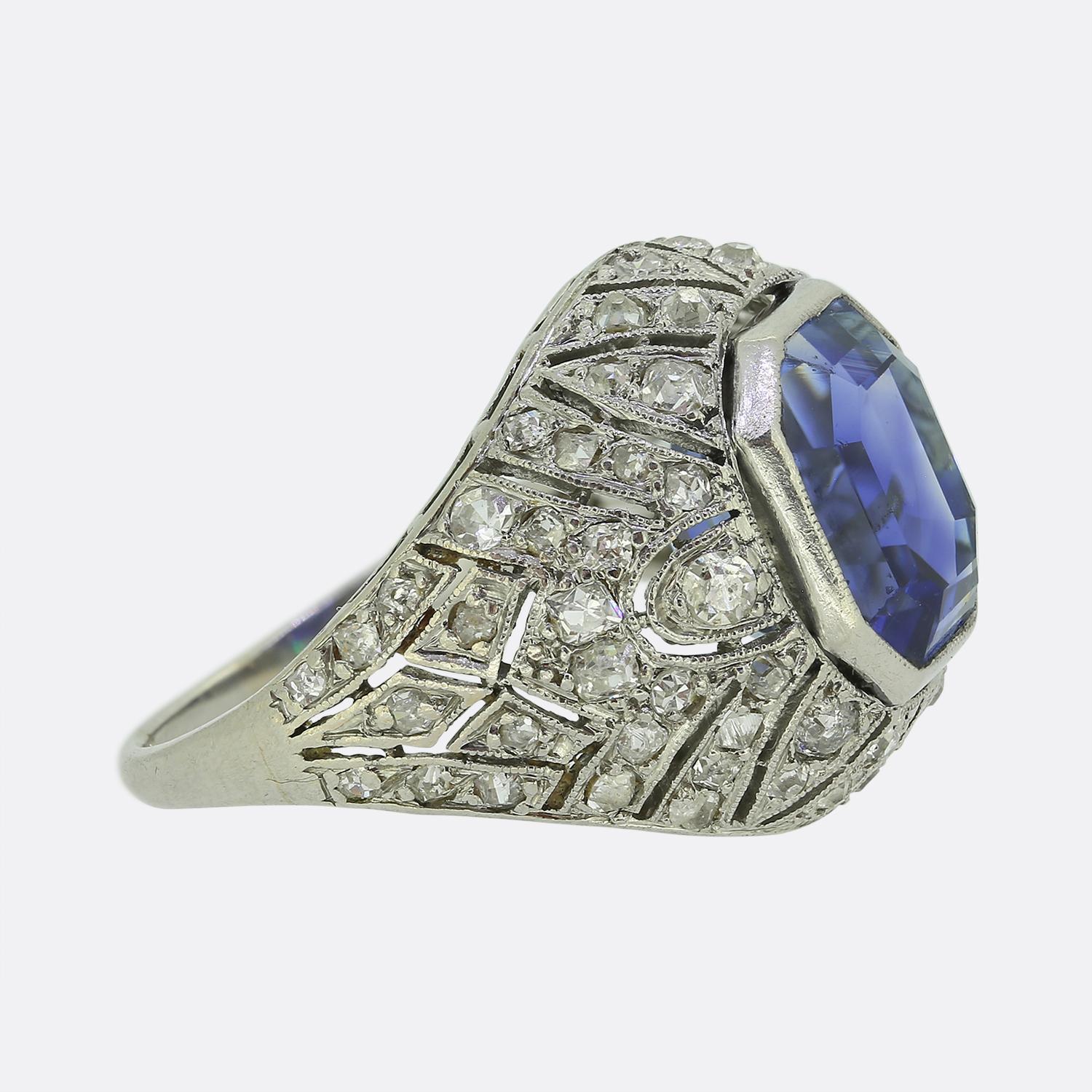 Old Mine Cut Art Deco Sapphire and Diamond Filigree Ring