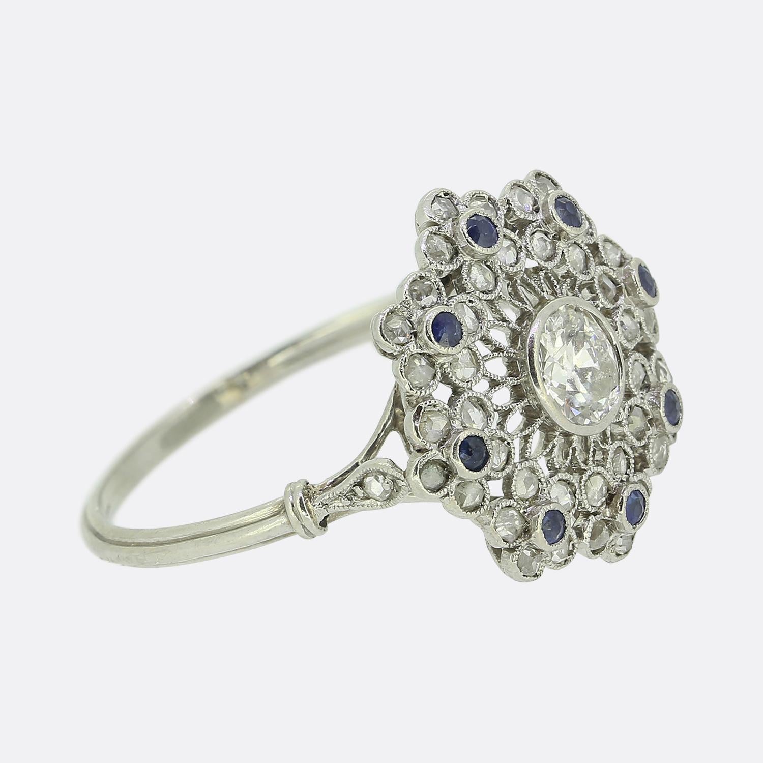 Round Cut Art Deco Sapphire and Diamond Floral Cluster Ring For Sale