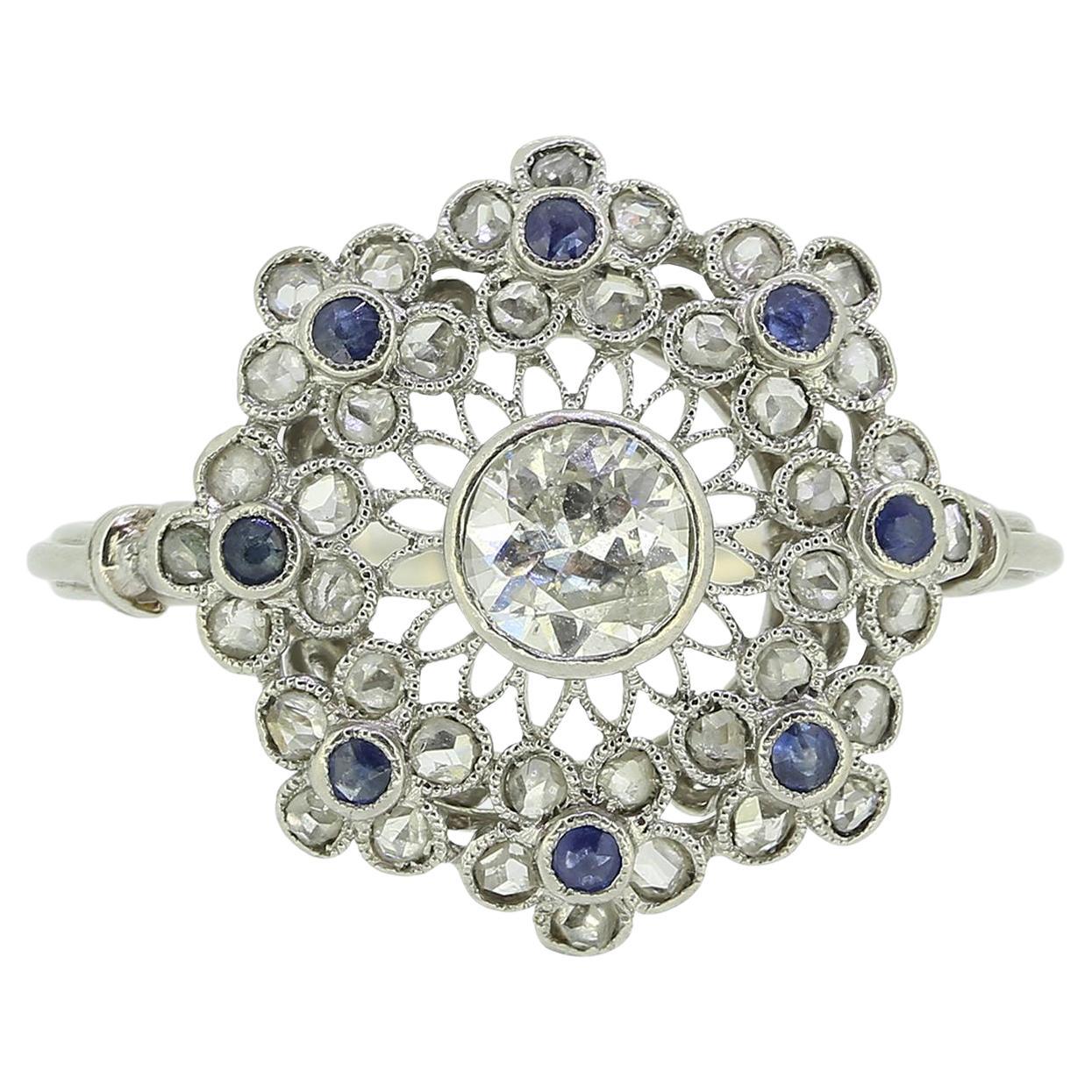 Art Deco Sapphire and Diamond Floral Cluster Ring For Sale