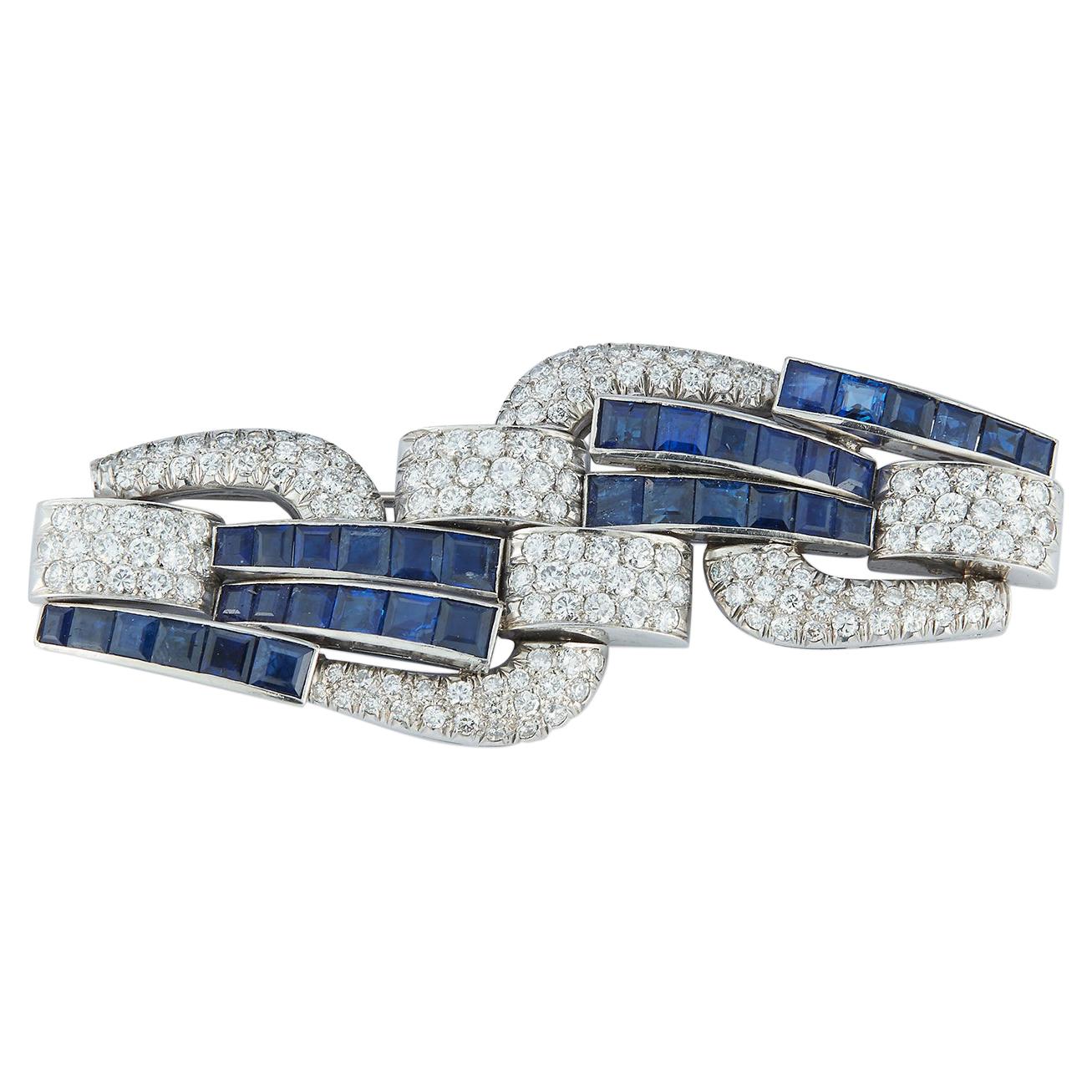 Art Deco Sapphire and Diamond Geometric Brooch For Sale