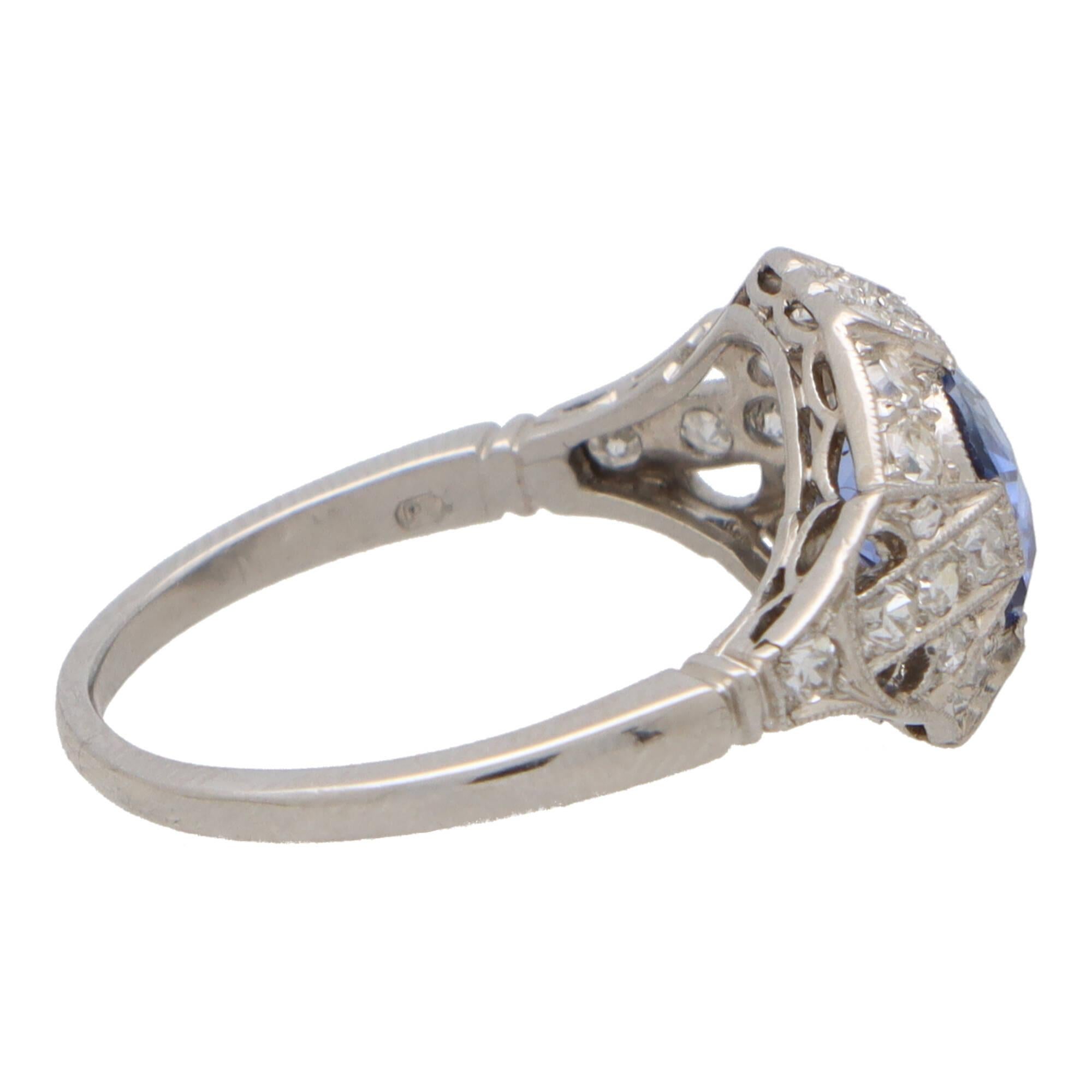 Women's or Men's Art Deco Sapphire and Diamond Geometric Cluster Ring Set in Platinum For Sale
