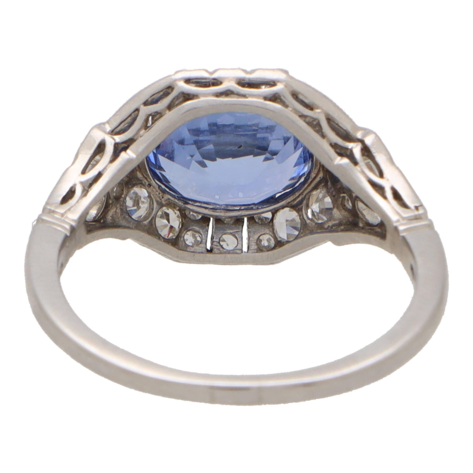 Art Deco Sapphire and Diamond Geometric Cluster Ring Set in Platinum For Sale 1