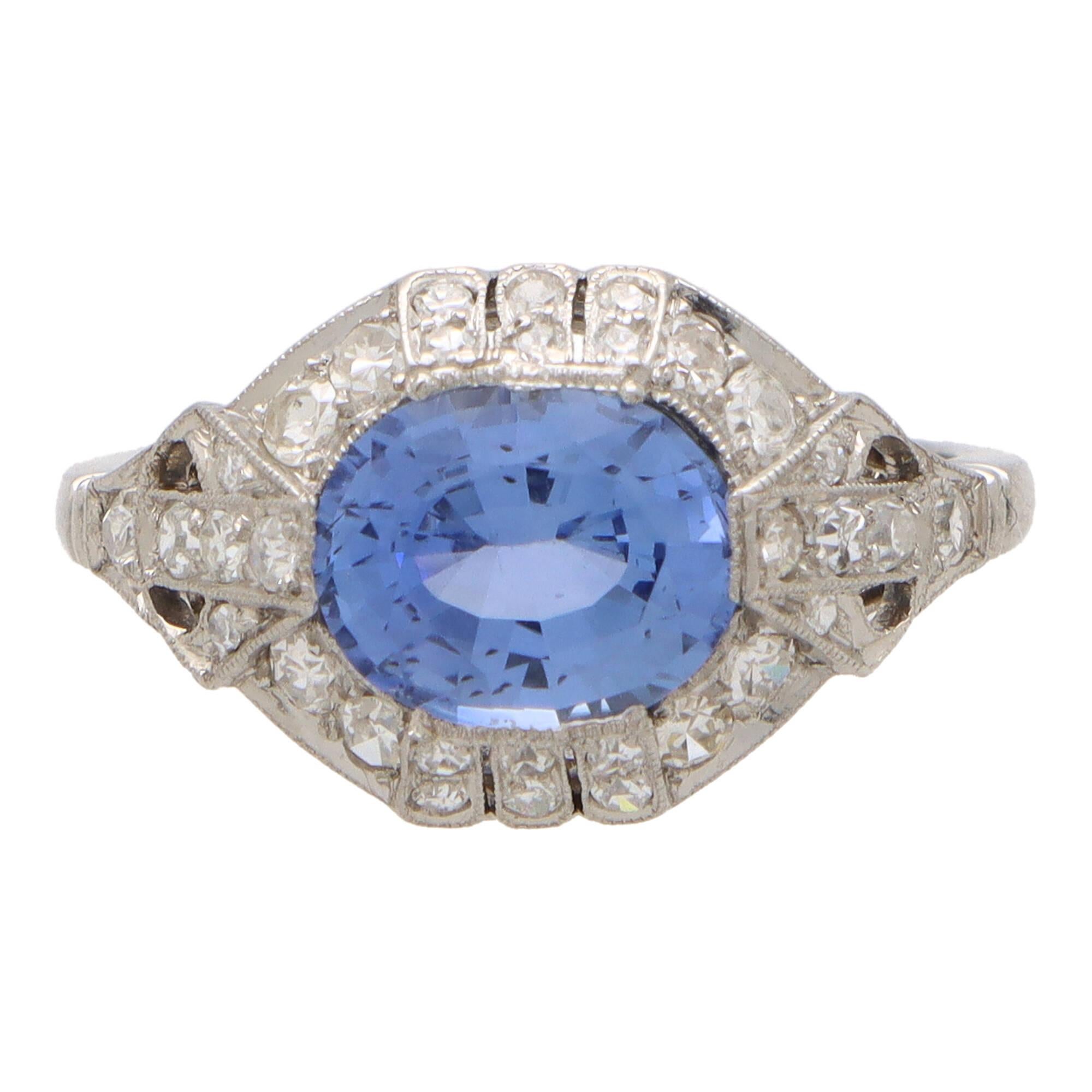 Art Deco Sapphire and Diamond Geometric Cluster Ring Set in Platinum
