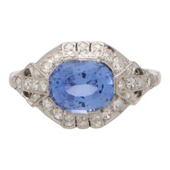 Antique Art Deco Sapphire and Diamond Geometric Cluster Ring Set in Platinum