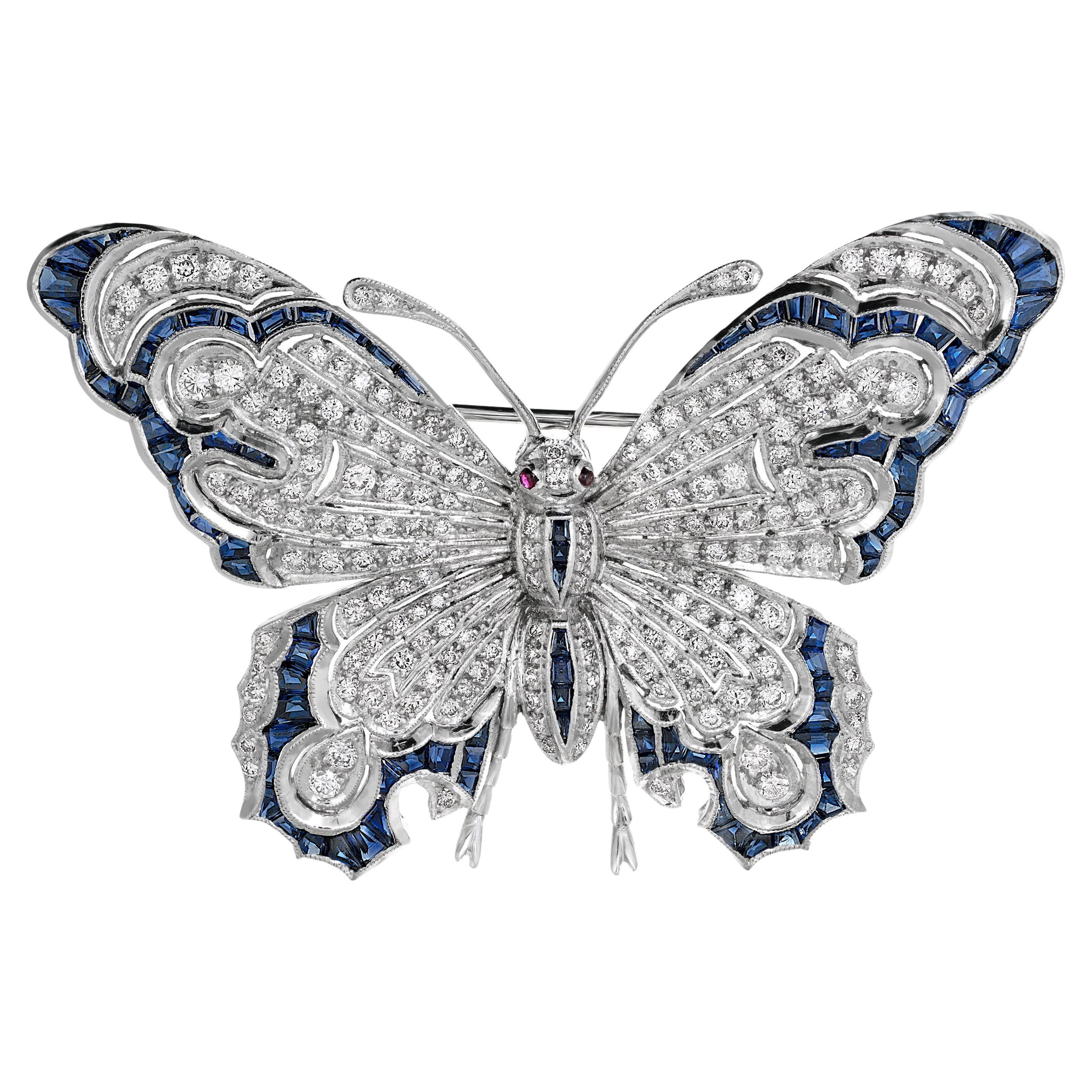 Sapphire and Diamond Gold Butterfly Brooch Pin Estate Fine Jewelry