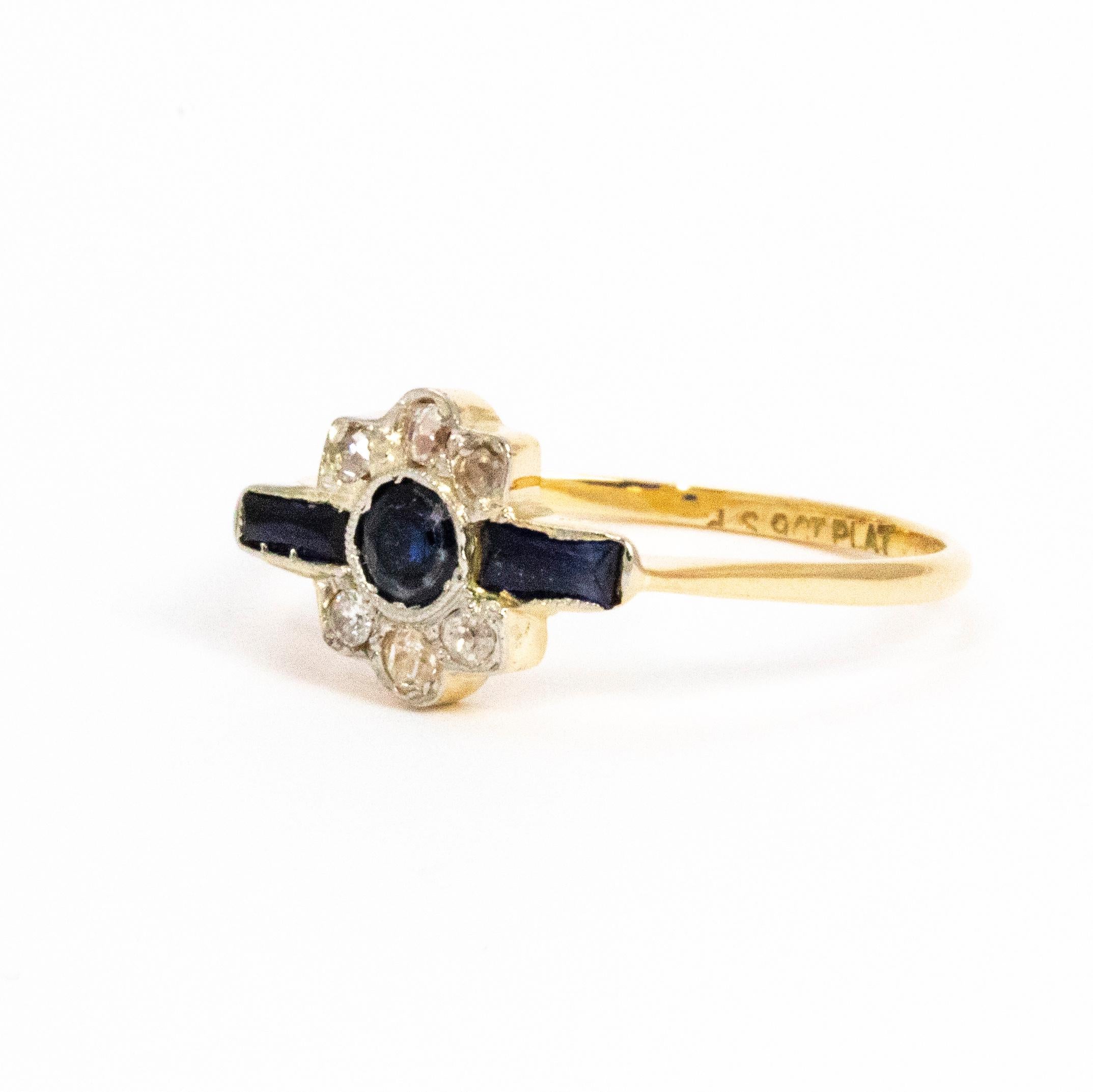 Absolutely charming Art Deco ring holding 3 sapphires and 6 diamonds in 9ct gold. Such a delicate piece!

Ring Size: M 1/2 or 6.5