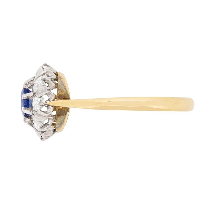 Round Cut Art Deco Sapphire and Diamond Halo Ring, circa 1930s For Sale