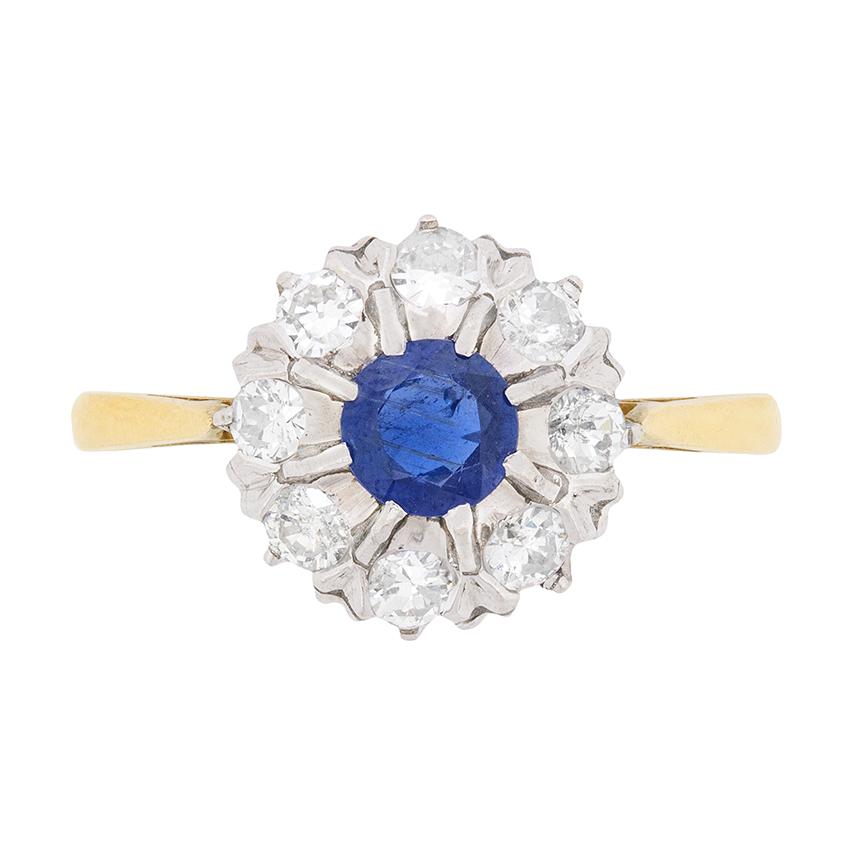 Art Deco Sapphire and Diamond Halo Ring, circa 1930s For Sale