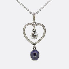 Art Deco Sapphire and Diamond Heart Pendant Necklace