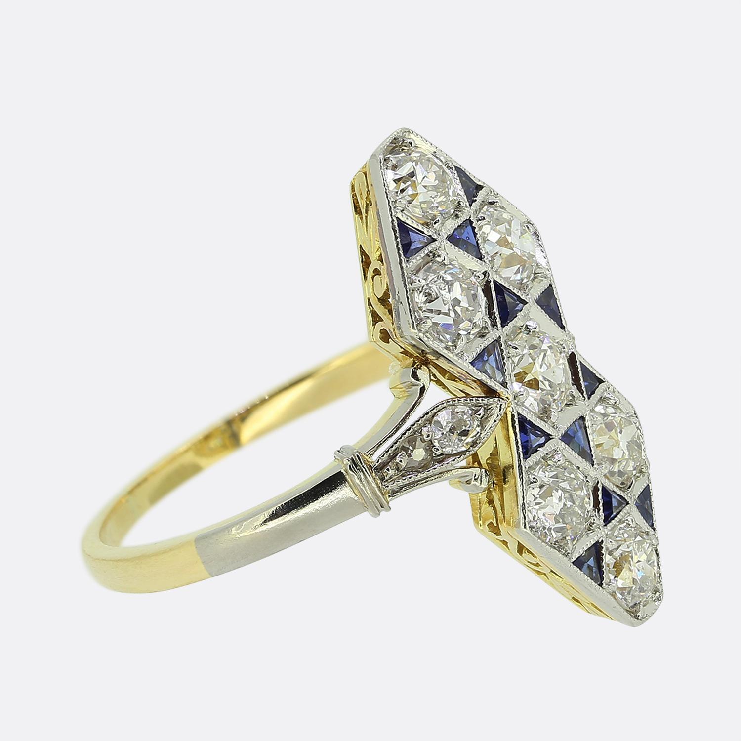 Old Mine Cut Art Deco Sapphire and Diamond Navette Ring For Sale