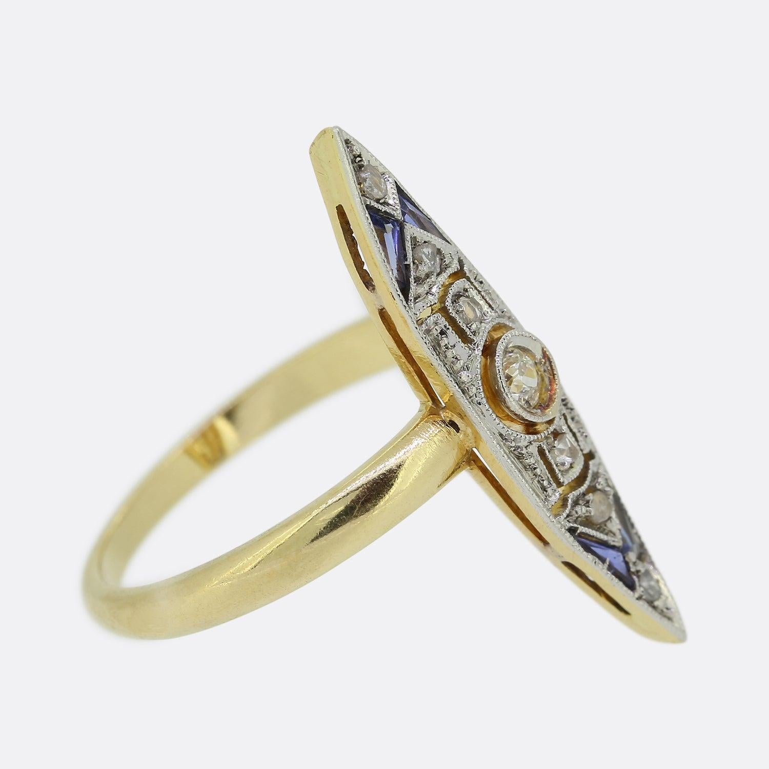Old European Cut Art Deco Sapphire and Diamond Navette Ring For Sale