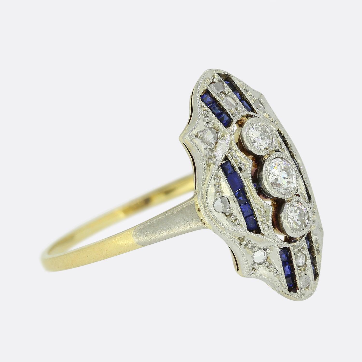 Brilliant Cut Art Deco Sapphire and Diamond Navette Ring For Sale